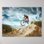 Flying Downhill on a Mountain Bike Poster<br><div class="desc">Image combining the natural beauty of mountain terrain with the action of an athlete proving himself on a risky trail</div>