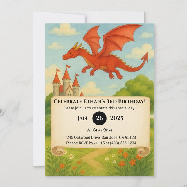 Flying Dragon Over Enchanted Forest Birthday Invitation (Front)