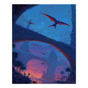 Flying Dragon Sunset Bridge Fantasy Art Poster