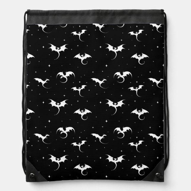 Flying dragons and stars on black background drawstring bag (Front)