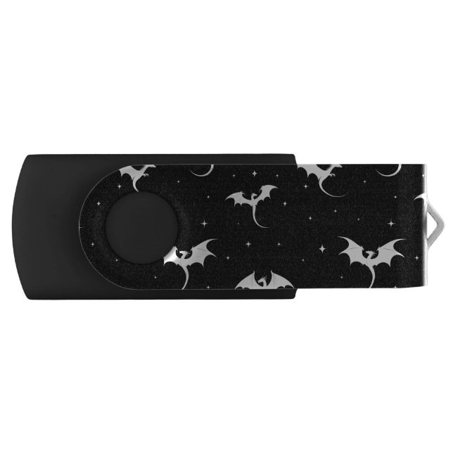 Flying dragons and stars on black background flash drive (Front)