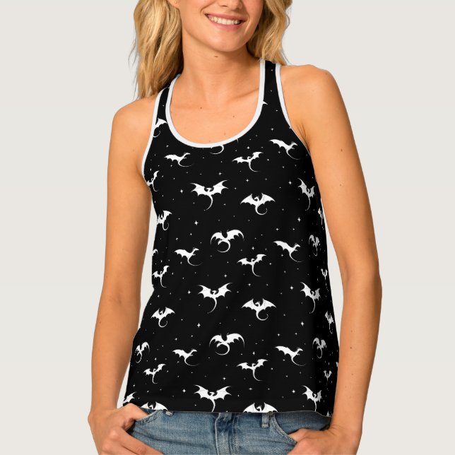 Flying dragons and stars on black background tank top (Front)