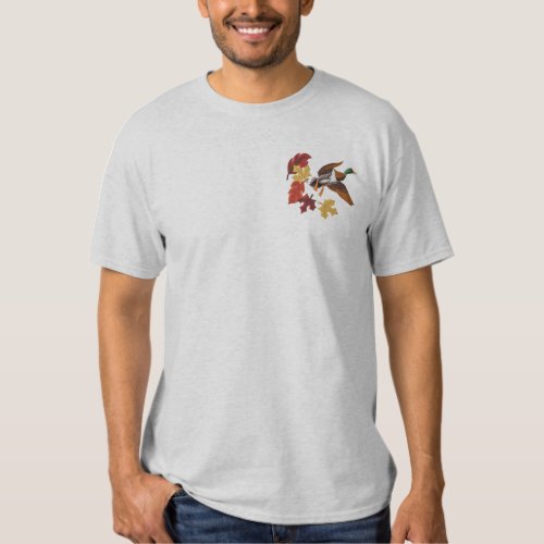 Flying Duck and Fall Leaves Embroidered T_Shirt