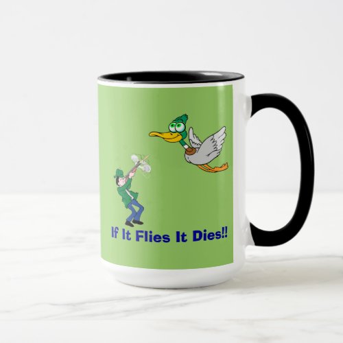 Flying Duck And Hunter Cartoon Mug