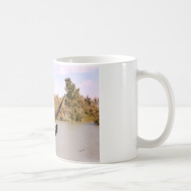 flying duck over water photograph coffee mug (Right)