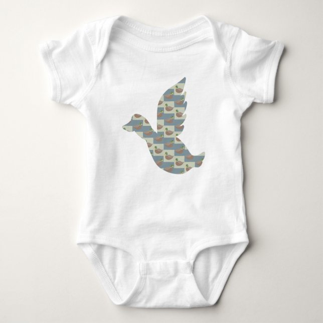 Flying Duck with Mallard Duck Diagonal Pattern Baby Bodysuit (Front)