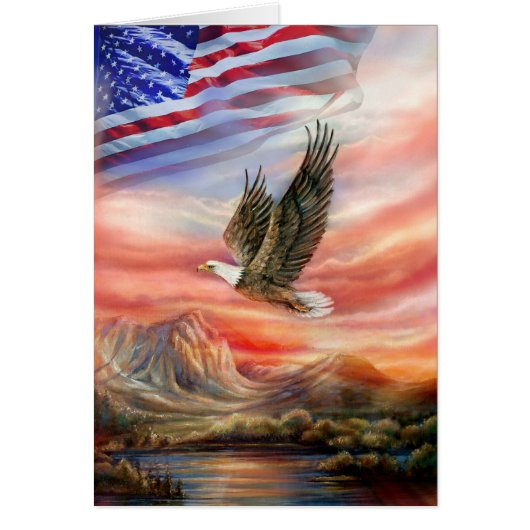 Flying Eagle with Sunset and American Flag Cards (Front)