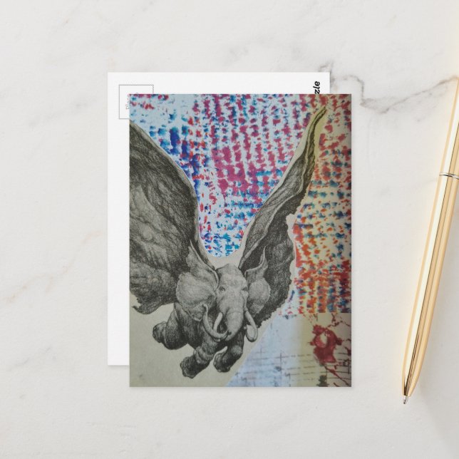 Flying Elephant Fantasy Collage Postcard (Front/Back In Situ)