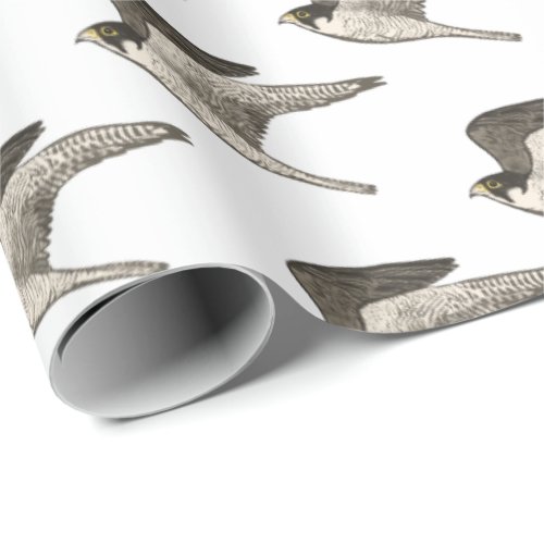 Flying falcons on white wrapping paper