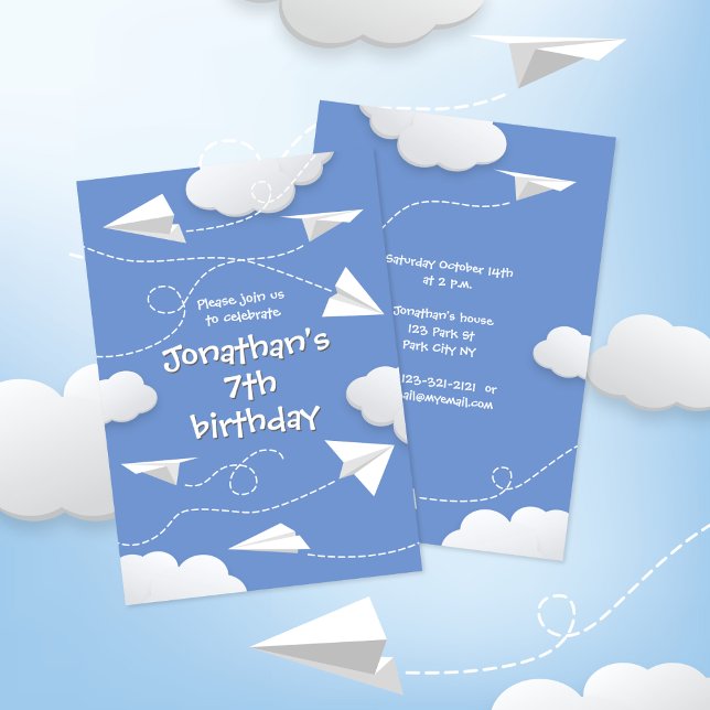 flying folded paper airplanes any childs birthday announcement (front & back views - paper airplanes themed birthday party invite with your custom color background)