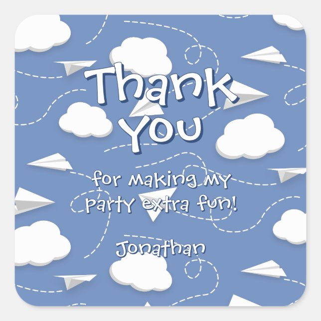 flying folded paper airplanes birthday thank you square sticker (Front)