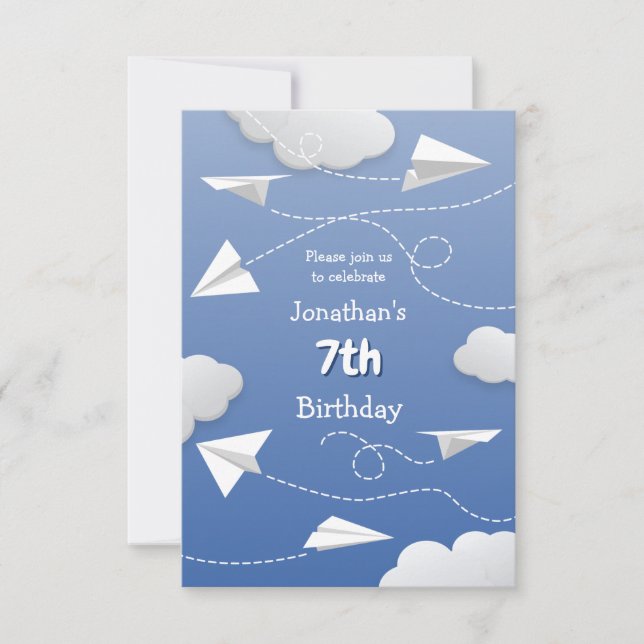flying folded paper airplanes childrens birthday announcement (Front)