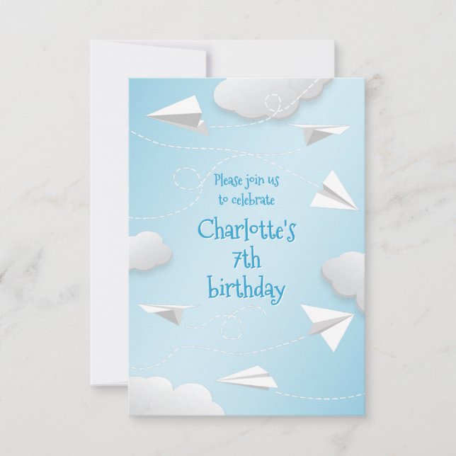 flying folded paper airplanes girls birthday announcement (Front)