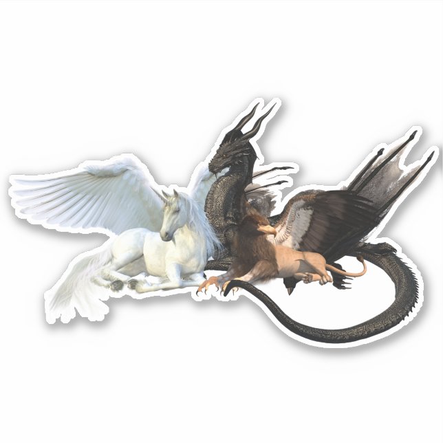 Flying Friends Dragon Griffin Unicorn Pegasus Sticker (Front)
