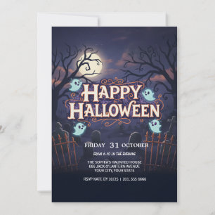Flying Ghost on Broom Spooky Party Card