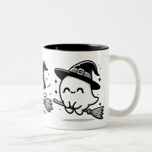 Flying Ghost Witch on Broom Halloween Mug Double
