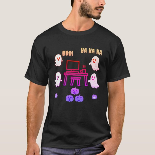 Flying Ghosts Around a Computer – Halloween Tech T-Shirt (Front)