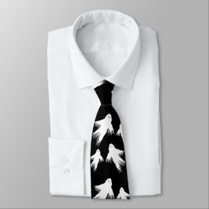 Flying Ghosts Halloween Black n White Patterned Neck Tie