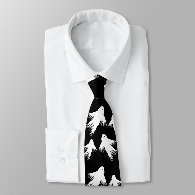 Flying Ghosts Halloween Black n White Patterned Neck Tie (Tied)