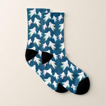 Flying Ghosts Unisex Dark Blue Halloween Socks by holiday_store at Zazzle