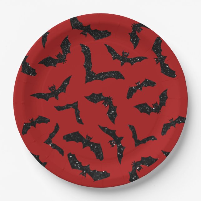 Flying Glitter Bats Halloween Paper Plates (Front)