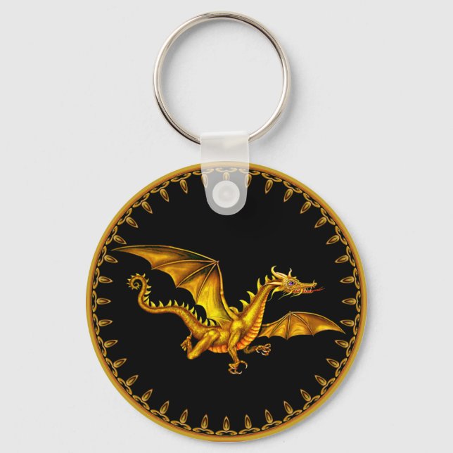 flying gold dragon on black keychain (Front)