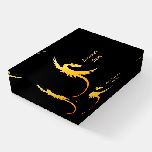 Flying Gold Dragon on Black Kids Desk Personalize Paperweight