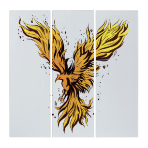Flying Gold Phoenix Bird Graphic Triptych