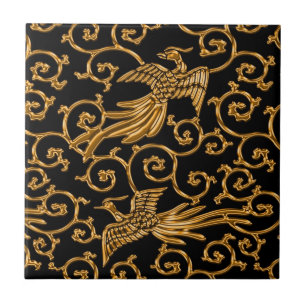 Flying golden birds arabesque tile