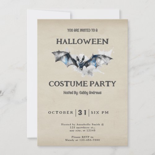 Flying Gray and Blue Bat Smoke Vintage Halloween Invitation