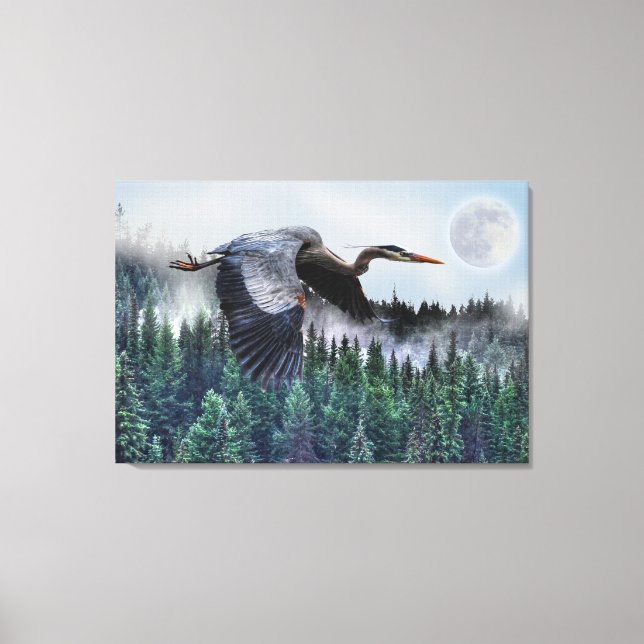 Flying Great Blue Heron & Misty Forest Wildlife Canvas Print (Front)