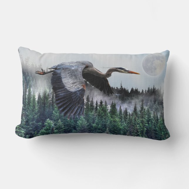 Flying Great Blue Heron & Misty Forest Wildlife Lumbar Pillow (Front)
