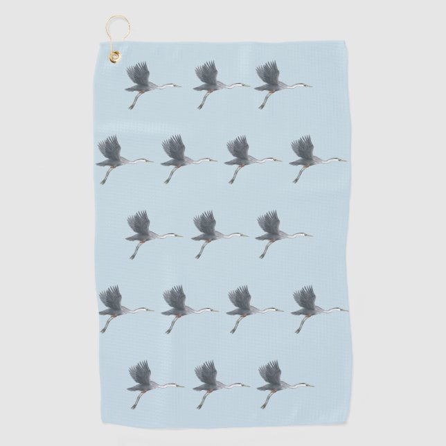 Flying Great Blue Heron Pattern Golf Towel (Front)