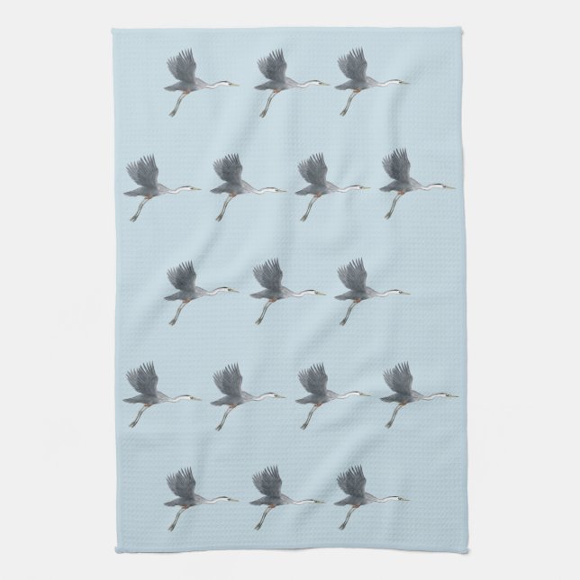Flying Great Blue Heron Pattern Kitchen Towel (Vertical)