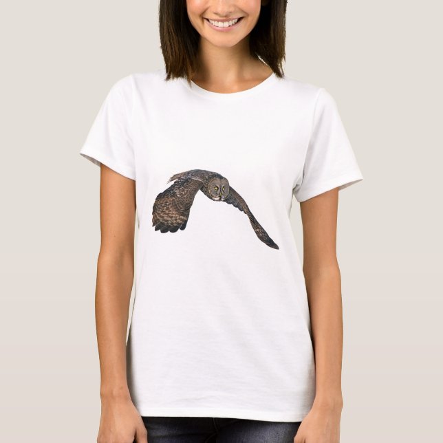 Flying Great Gray Owl Raptor Wildlife Photo T-Shirt (Front)