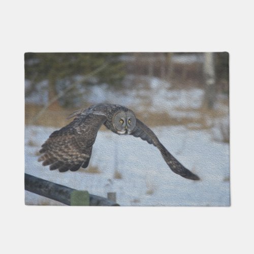 Flying Great Grey Owl in Winter Snow Doormat