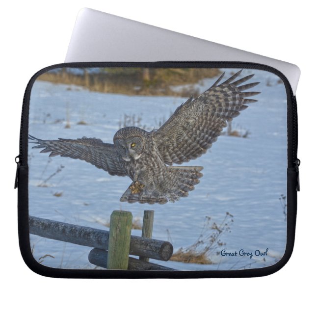 Flying Great Grey Owl Raptor Winter Wildlife Photo Laptop Sleeve (Front)