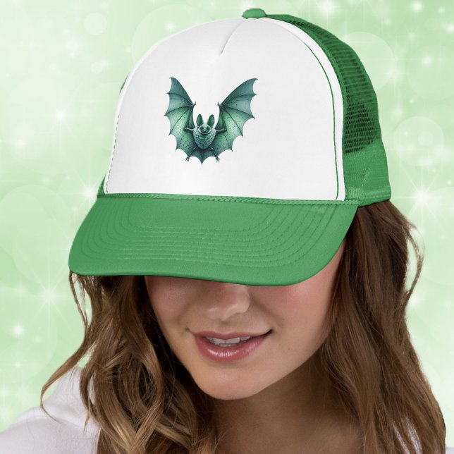 Flying Green Bat Furry Body Wings Spread Trucker Hat (Spooky green bat furry body wings spread in flight on ball cap hat.)