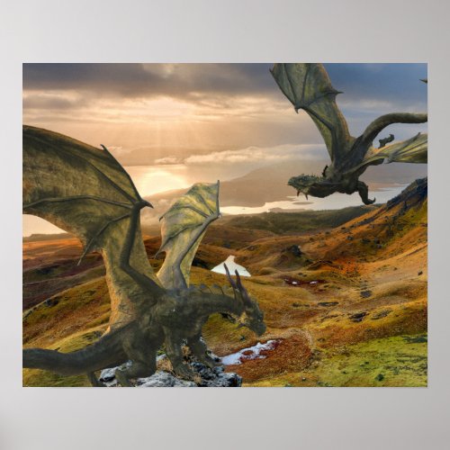 Flying Green Dragon Fantasy Mountains Poster