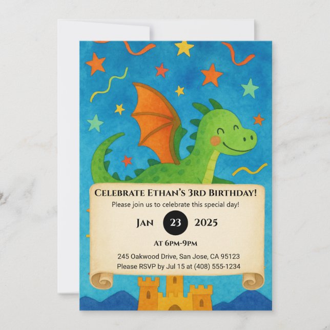 Flying Green Dragon Over Starry Castle Birthday Invitation (Front)