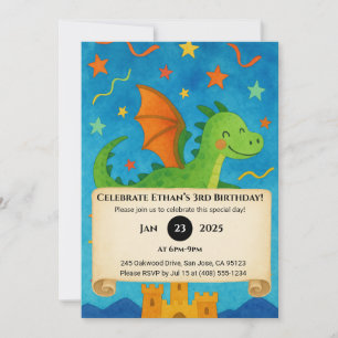 Flying Green Dragon Over Starry Castle Birthday Invitation