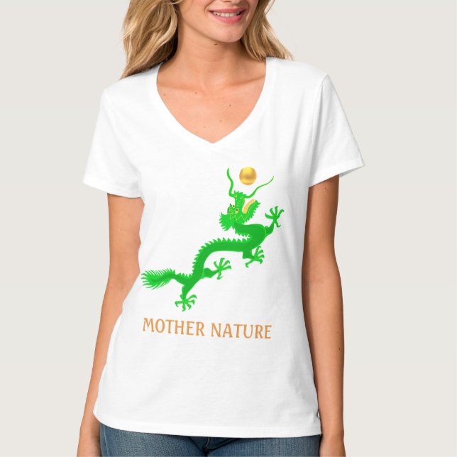 Flying green dragon with golden ball & calligraphy T-Shirt (Front)