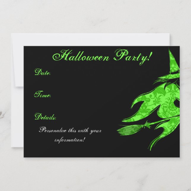Flying Green Witch Halloween Invitation (Front)
