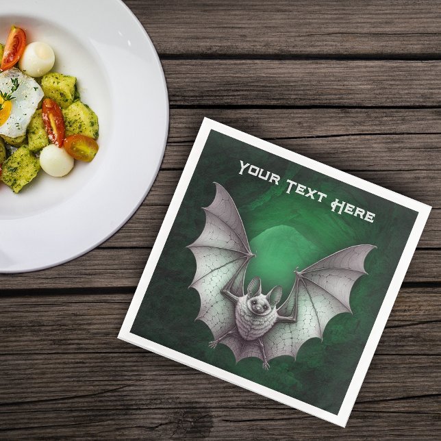 Flying Grey Bat Spooky Green Glowing Cave Trees Paper Dinner Napkins (Flying grey bat out of spooky green glowing bat with trees on Halloween Paper party napkins.)