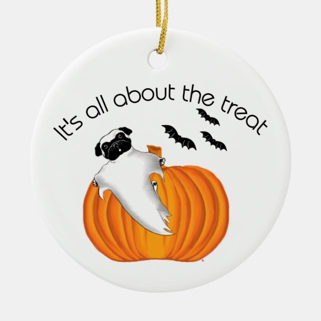 Flying Halloween Pug Ghost Funny Saying Pumpkin Ceramic Ornament (Front)