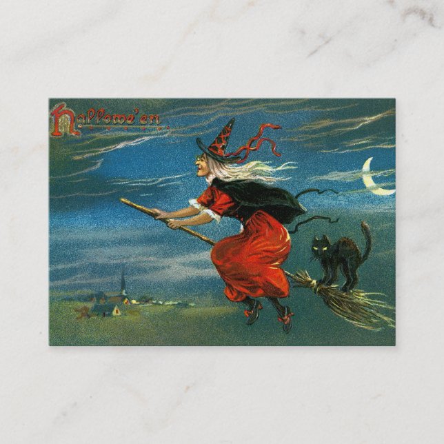 Flying Halloween Witch with Cat Business Card (Front)
