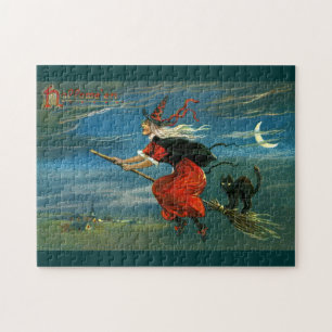 Flying Halloween Witch with Cat Jigsaw Puzzle