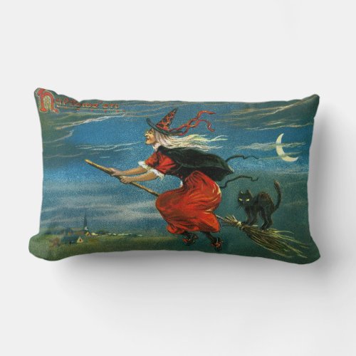 Flying Halloween Witch with Cat Lumbar Pillow