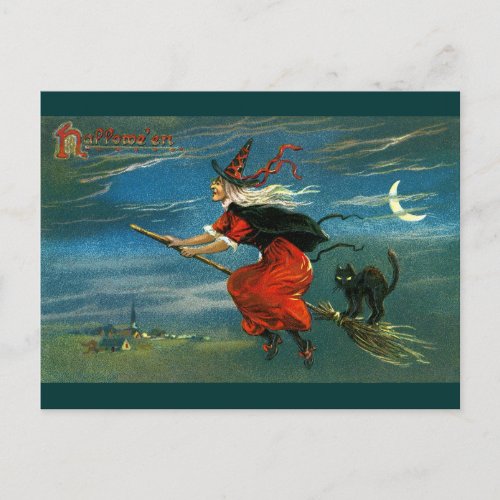 Flying Halloween Witch with Cat Postcard
