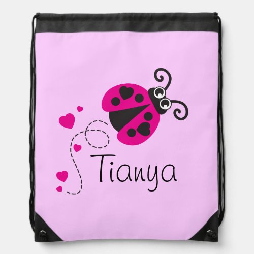 Flying heart ladybug kids name pink drawstring bag